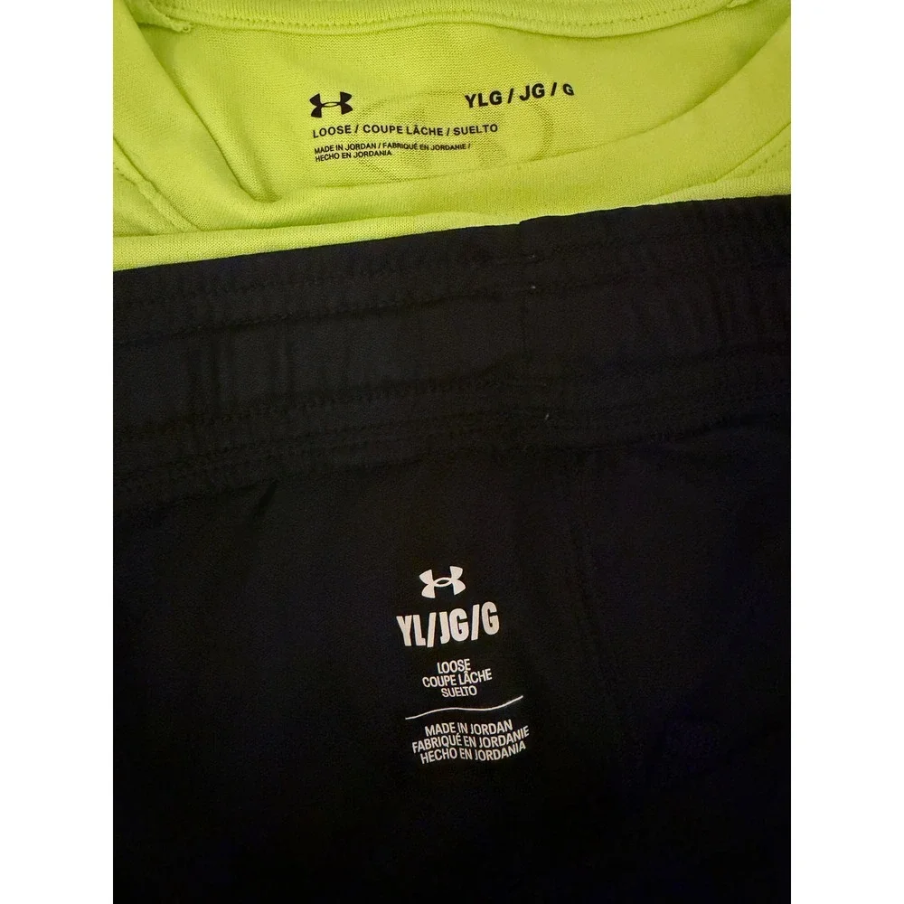 Under Armour Boys Neon Yellow Black Athletic Shirt Shorts Set - Youth Large